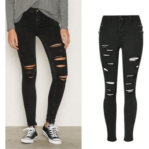 2021 Charcoal Black Mid Waist Stretch Slim Zipper Wear Hole Denim Capris Plus Up Size Womens Jeans