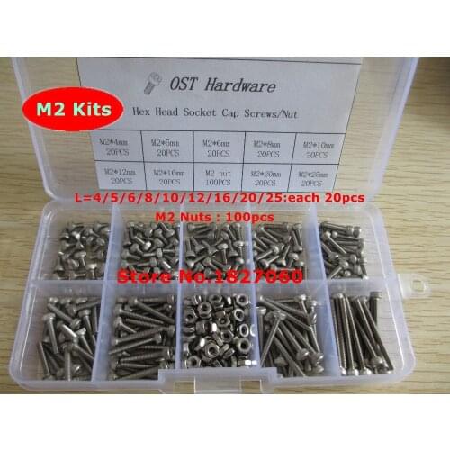 280pcs M2 Screw Kits DIN912 Allen Bolts Hex Socket Head Cap Screw with Hex Nut Assortment Kit M2*4/5/6/8/10/12/16/20/25mm