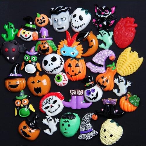 30Pcs/lot Mixed Halloween Flat back Resin Cabochons Embellishments Flatback Cabochon DIY Scrapbooking Hair Bows Decoration Craft