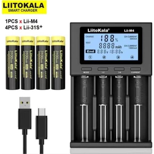 4PCS New LiitoKala Lii-31S 18650 Battery 3.7V Li-ion 3100mA 35A Power Battery For high Drain Devices.+Lii-M4 Charger