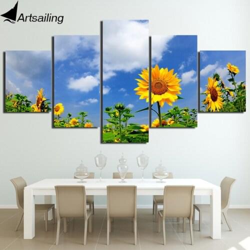 HD Printed 5 Piece Canvas Prints Sunflower Under Blue Sky Canvas Painting Flower Field Wall Pictures for Living Room Home Decor