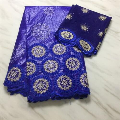 Royal Blue African Guinea Bazin Riche Brode Lace Fabrics With Stones 5+2 Yards Style Gold Line Embroidered Lace Wedding Material