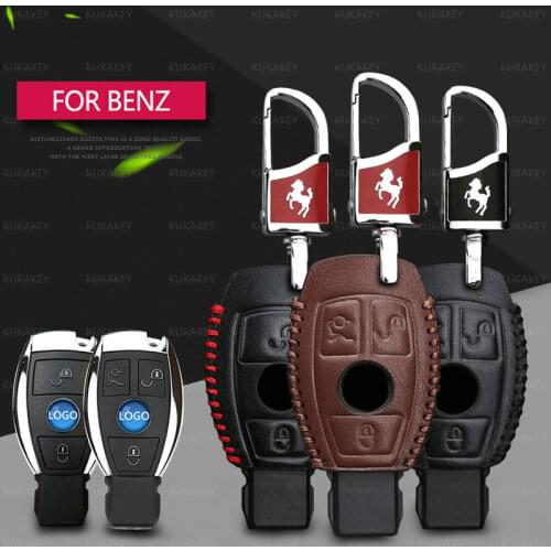 Leather Car Key Cover with Horse Metal Key Ring For Mercedes Benz C Class W205 A B Class GLK W204 W251 W463 W176 W203 W210 W211