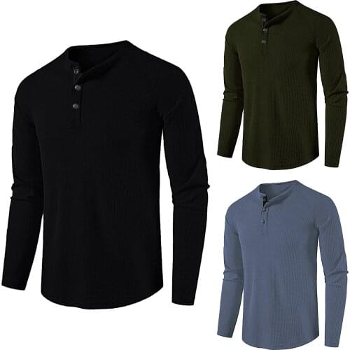 Mens Casual Basic T-shirt Solid Color Button Long Sleeve T-shirt Top Blouse High Quality Simple Warm Comfy T-shirt Dropshipping