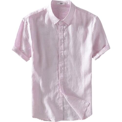 Men Shirts 2020 New Arrival 100%Linen Short Sleeved Casual Tops Turn-down Collar Solid Clothing