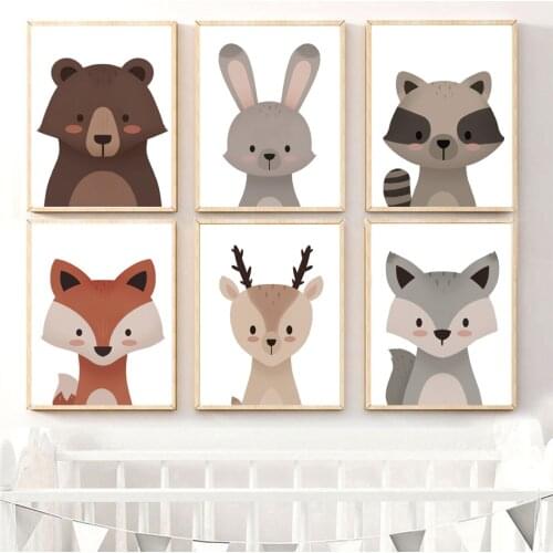 Cute Cartoon Animals Fox Deer Wolf Rabbit Wall Art Canvas Painting Nordic Posters And Prints Wall Pictures For Kids Room Decor