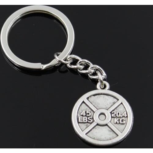 New Fashion Men 30mm Keychain DIY Metal Holder Chain Vintage Barbell Disc Weight 45lbs 20.4kg 24x28mm Silver Color Pendant Gift