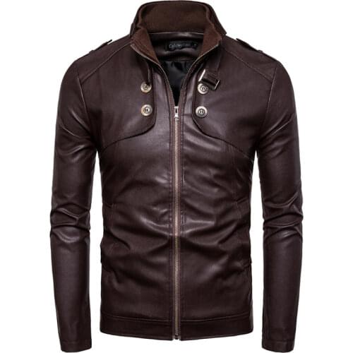 2021Winter new style mens button-decorated motorcycle solid color stand-up collar washed leather jacket