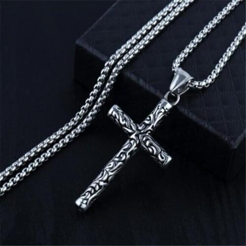 Creative Design Engraving Cross Necklace for Men Women Vintage Style Mens Silver Color Necklace Fine Male Jewelry