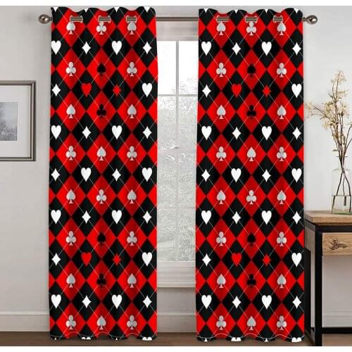 Red Square Pattern Printing Perforated Blackout Curtains for Living Room and Bedroom Curtains Blackout 90% Machine Washable