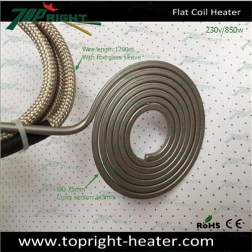 Flat hot runner heater, OD 75mm, cross-section 3x3, 230v 850w, with fiberglass sleeve