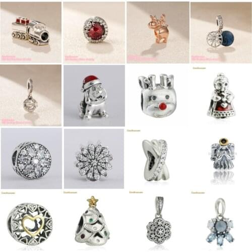 925 Sterling Silver Beads Galaxy Ice Carving Puppy Dog Santa Claus Reindeer Dazzling Snowflake Christmas Train Dangle Charm