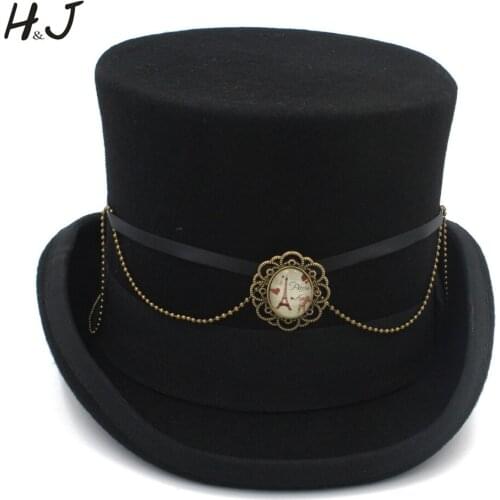 100% Wool DIY Black Fedora Hat Steampunk Hat For Women Steam Punk Gear Top Hat Men Millinery Goggles DIY Handmade Cap