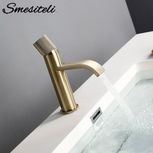 Smesiteli Bathroom Basin Faucet Brass Gold Deck Installation Hot And Cold Mixed Single Hole Waterfall Bathroom Faucet