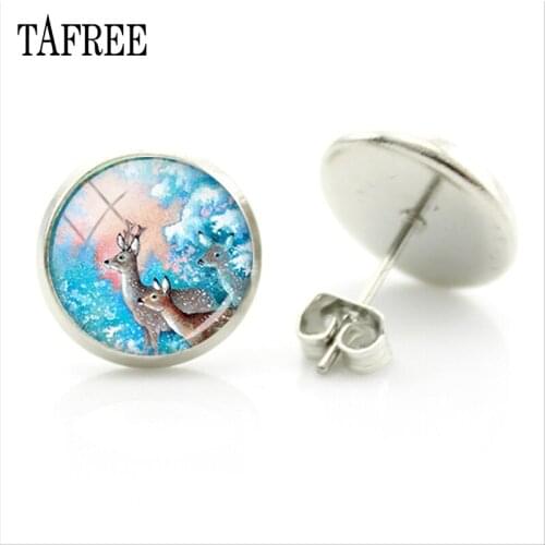 TAFREE Fashion Beaut Christmas Cartoon Elk Glass Round Cabochon Dome Photo Round Stud Earrings For Women Gifts CM17-25