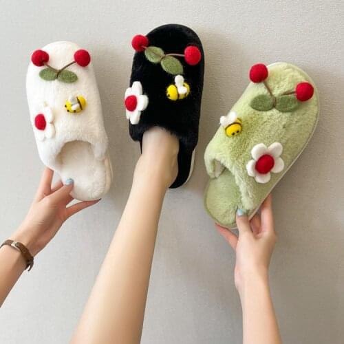 Winter Indoor Rose Embroider Slipper Women Short Plush Flat Shoes Soft Sole Slides Warm Cute Funny Cartoon Print Cotton Slippers