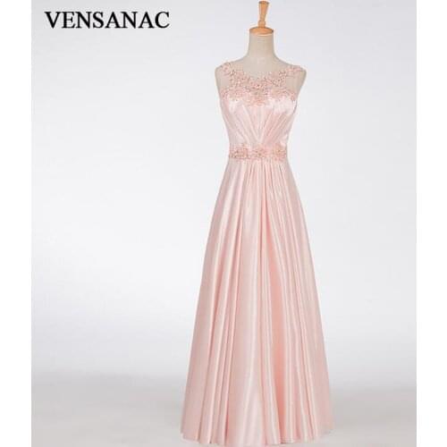 VENSANAC 2017 New A Line Embroidery O Neck Long Evening Dresses Sleeveless Elegant Crystals Pleat Sash Party Prom Gowns