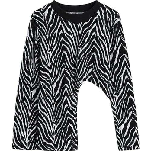 2021 New Print Strap Hit Color T Shirt For Female O Neck Long Sleeve Loose Irregular Hem Womens Casual T Shirt Fashion Tide