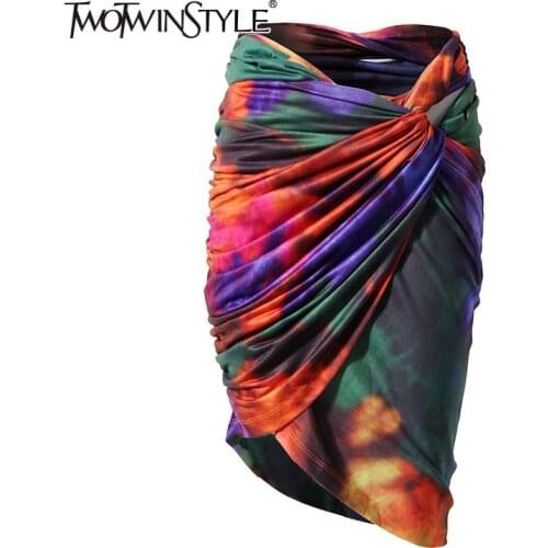TWOTWINSTYLE Tie Dye Bodycon Skirt For Women High Waist Ruched Slim Fit Color Skirts Female Fashion New Clothing 2021 Summer
