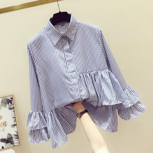 Striped Blue Women Shirts Summer New 2021 Flare Sleeved Elegant Loose Oversize Office Lady Outwear Blouse Tops