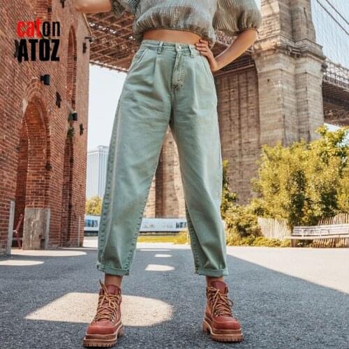 CatonATOZ 2248 Womens Cargo Pants Green Pleated Mom Jeans High Waist Loose Jeans Harem Boyfriend Pants Casual Trousers