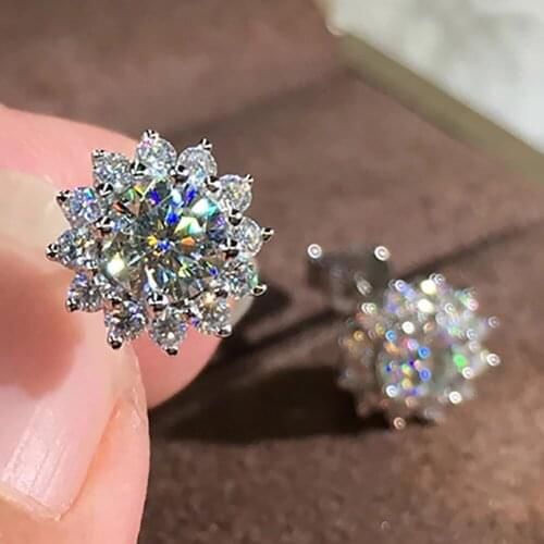 14K White Gold 1 Carat Stud Earrings Women Present Wedding Anniversary Engagement Party Round Sunflower Moissanite Diamond