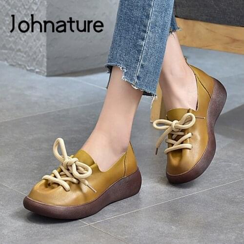 Johnature Pumps Women Shoes Genuine Leather 2021 New Spring/Autumn Lace-Up Round Toe Handmade Concise Retro Shallow Ladies Shoes