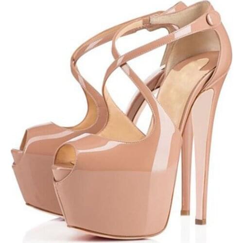 New arrival nude women platform pumps sexy high heel stilettos 15 cm high thin heels buckle strap cross-tied cutouts woemn shoes