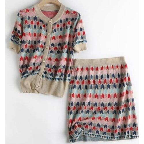 French style small fragrance knitted short sleeve shirt+high waist package hip skirt women two piece sets