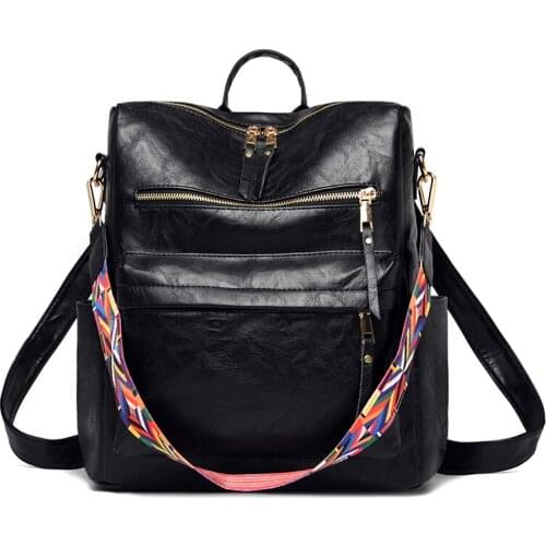 Womens High Quality Pure Color Pu Leather Backpack Leisure Simple Travel Backpack Fashion Wide Shoulder Strap Student School Bag