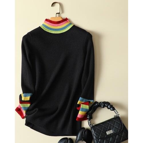 Colorful Striped Knitted Turtleneck Women Sweater Pullovers Slim Office Lady Elegant Pulls Outwear Coats Tops