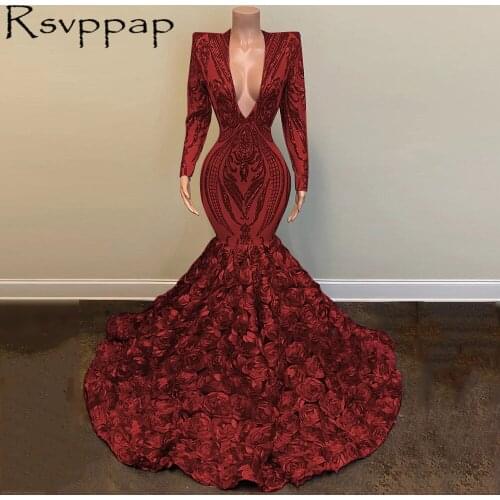 Burgundy Mermaid Long Prom Dresses 2021 Sparkly Sequin Top 3D Flowers Deep V-neck Long Sleeves African Style Party Prom Dress