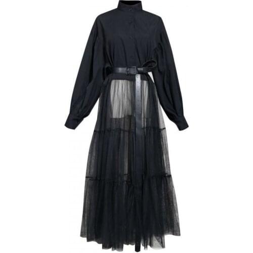 Women Mesh Shirt Dress Maxi Stand Collar High Waist Belted Tunic Summer Dress