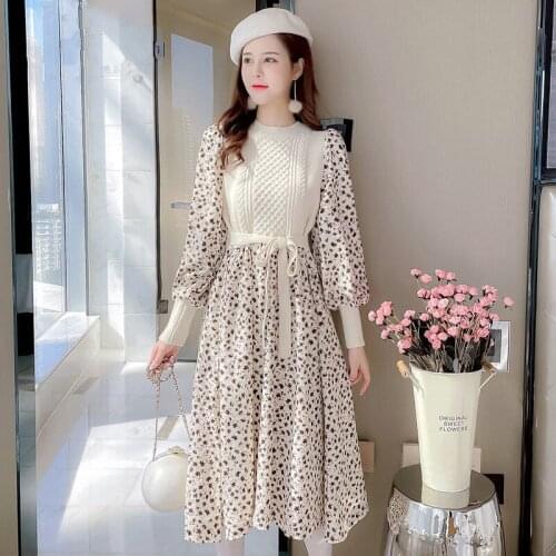 Women Korean Knitted Dress Casual O Neck Puff Sleeve Bow Drawstring Patchwork A Line Dress Autumn Print Floral Dress Vestidos