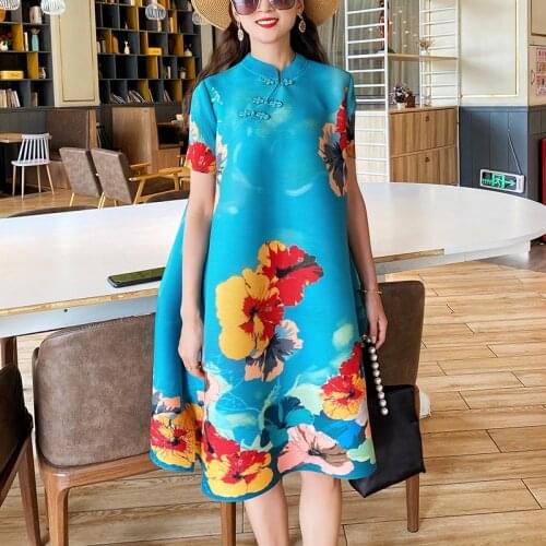 Women Miyak Pleated Improved Cheongsam Vintage Print Buckle Loose Large Size Stand Collar Chinese Style Midi Dress Ladies Qipao