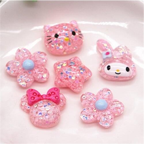 20pcs Cute Glitter Pink Resin Star/Flower/Bear Cartoon Animal Flatback Cabochons DIY Hair Clip Decoration,about 17mm