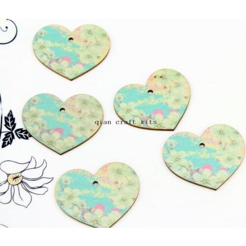200pcs 38mm big green aqua floral Heart Wood wooden pendant Beads Scrapbooking Necklace Earring Making DIY Crafts Button