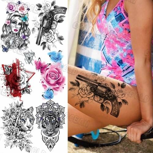 3D Gun Flower Temporary Tattoo For women Men Realistic Rose Flower Tiger Fake Tattoo Sticker Sexy Thigh And Arm Tatoos Punk