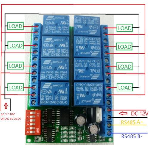8CH DC 12V Modbus RTU RS485 Relay Module Switch Board for PLC Lamp LED PTZ Camera