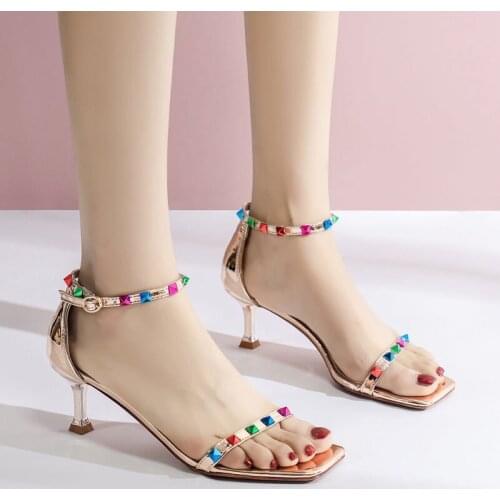 Rimocy Sexy Colorful Rivets Thin High Heels Sandals Women New Summer Ladies Ankle Strap Sandalias Vogue Party Shoes Woman
