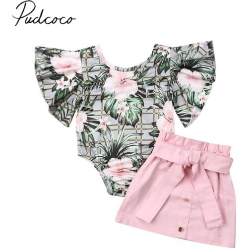 2019 Baby Summer Clothing Newborn Infant Kid Baby Girl Floral Flare Sleeve Tops Romper Sash Skirt Outfits Clothes 2PCS Sets 1-4T