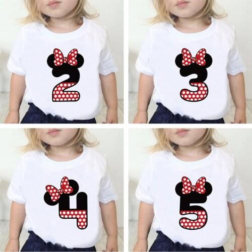 Disney Birthday Party Cartoon T Shirt for Girls Children Tshirt Number 0 1 2 3 4 5 6 7 8 9 Minnie Mouse Bow Graphic Kids Clothes