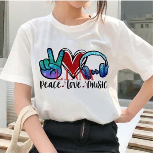 LINNA Streetwear T-shirt Womens T-shirt Peace Love Music Print T-shirt Korea T-shirt Funny Summer T-shirt Womens T-shirt