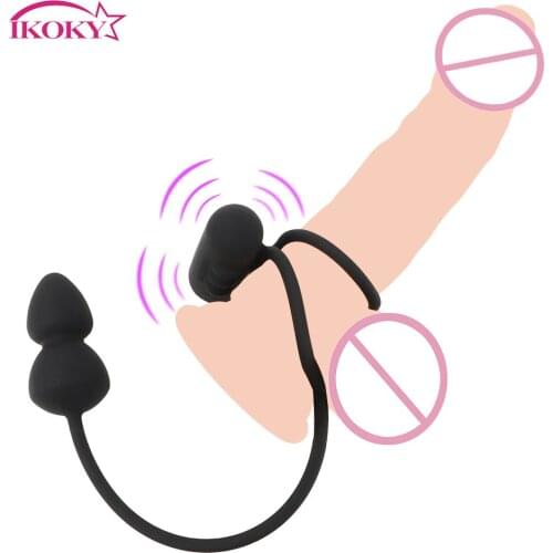 IKOKY Climax Male Prostate Massager Silicone Double Cock Ring Anal Butt Plug Vibrating Penis Ring Penis Delay Ejaculation