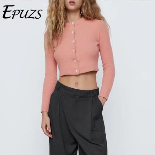 2021 ZA Women Fashion Slim Pink Button Cardigan Sweater Elegant Warm Long Sleeve Knitted Sweater Lady Casual Loose Chic Top