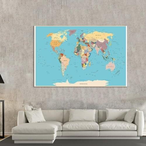 The World Map Political Map Non-woven Canvas Painting Detailed Wall Art Pictures School Supplies Classroom Home Decoration