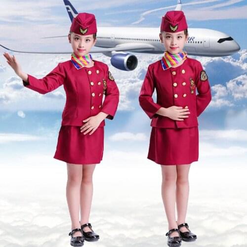 Pilot Cosplay Costumes Children Boys Halloween Carnival Party Wear Flight Attendant Dress for Kids Girls Team Performance
