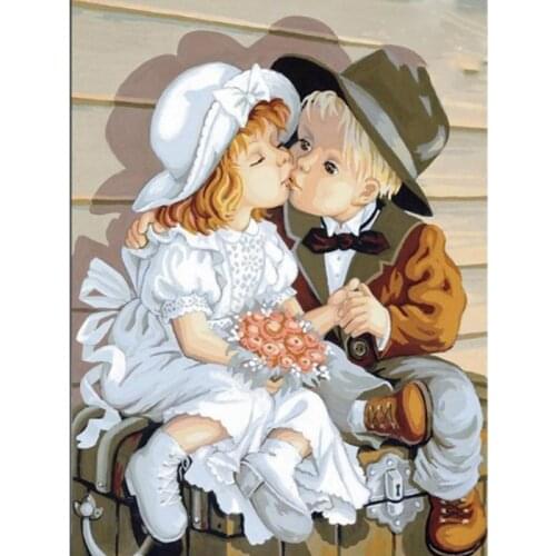 Kiss Sister And Brothe Figure Painting By Numbers Hand Painted Oil Painting Adult Child Picture Colouring Home Decor Unique Gift