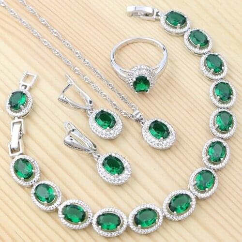925 Sterling Silver Jewelry Sets For Women Green Cubic Zirconia Ring Pendant Bracelet Necklace Earrings Set
