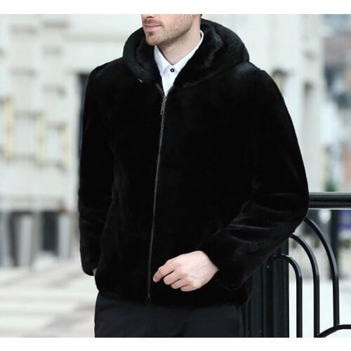 Real men mink fur coat with hood winter warm full pelt fur classic black color luxurious thick mens coats outwear jacket